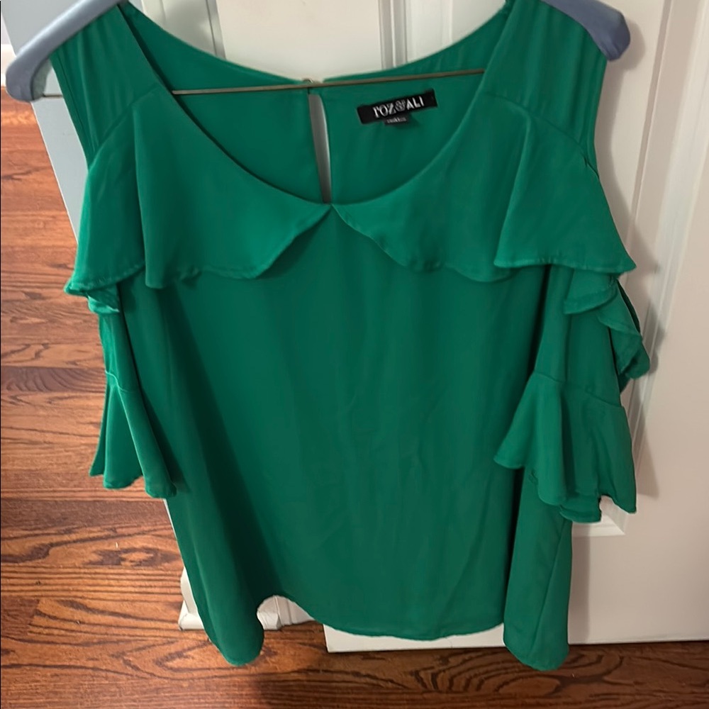 Roz & Ali Green Ruffled Blouse with Peter Pan Collar